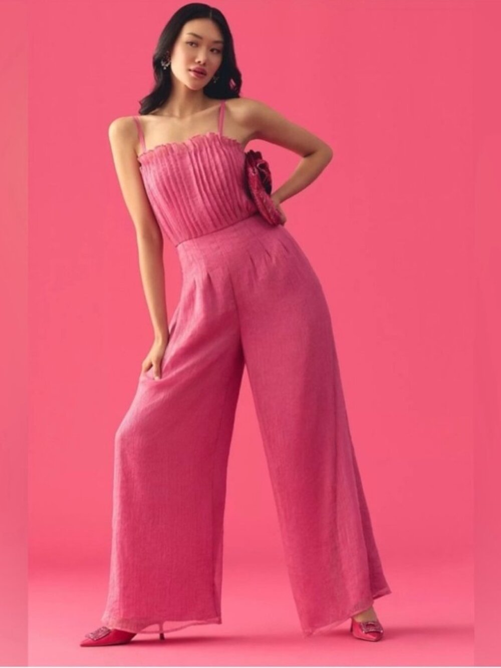 Anthropologie Hutch Pink Pleated Wide Leg Jumpsuit Ruffle Pocket 2 Wedding Guest